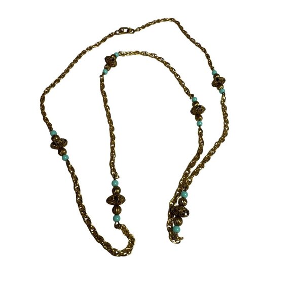 Gold Chain Necklace Drop Earrings Set Faux Turquoise Beads Vintage-Inspired - Picture 2 of 7